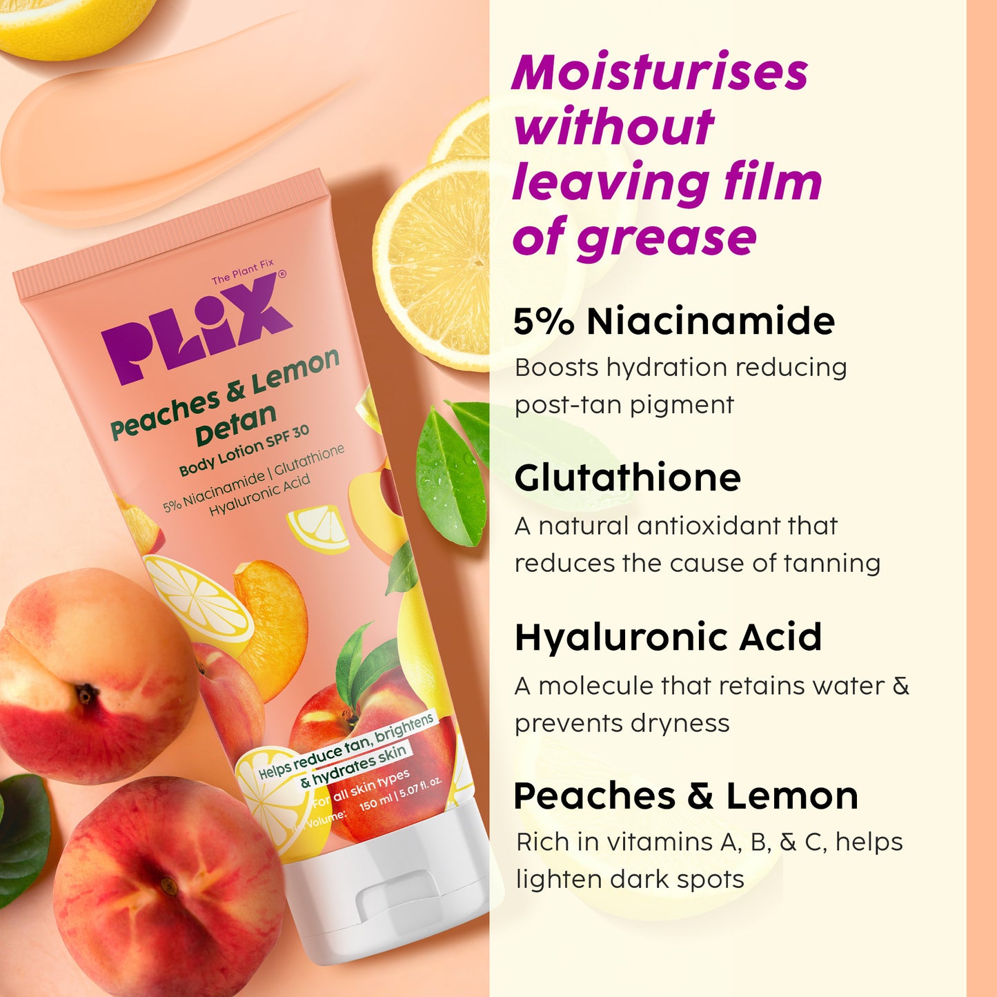 Peaches & Lemon Detan Body Lotion with SPF 30 | Brightens & Moisturizes for Softer Skin